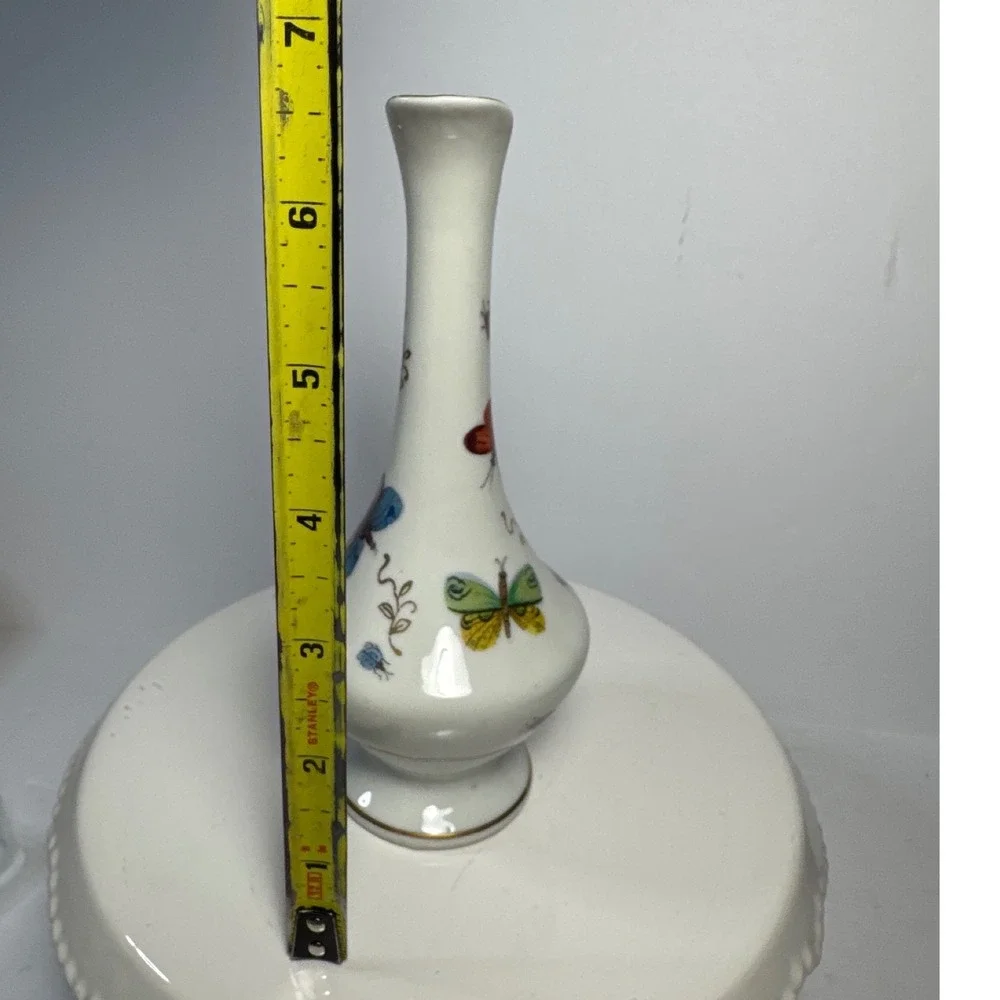 Lenwile China Ardalt Bud Vase Japan White 6.75in Butterfly Ladybug Gold Trim